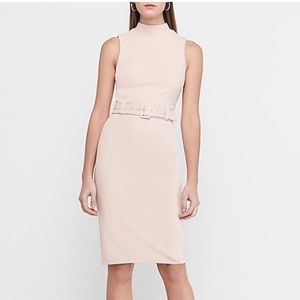Belted mock neck sheath dress